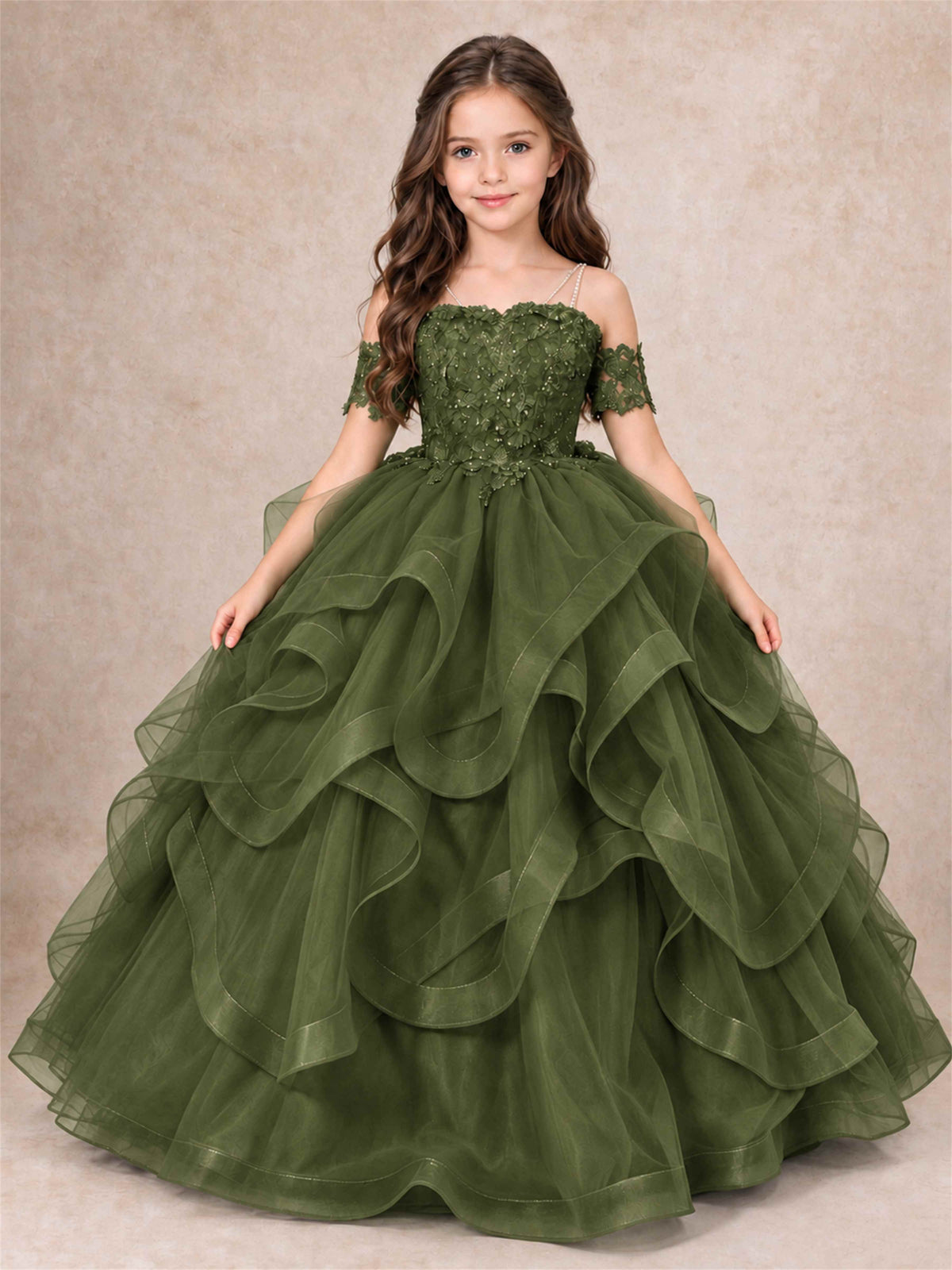 3D Floral Girls Pageant Dresses Off Shoulder Ruffled Tulle Princess Gown for Wedding Birthday Party