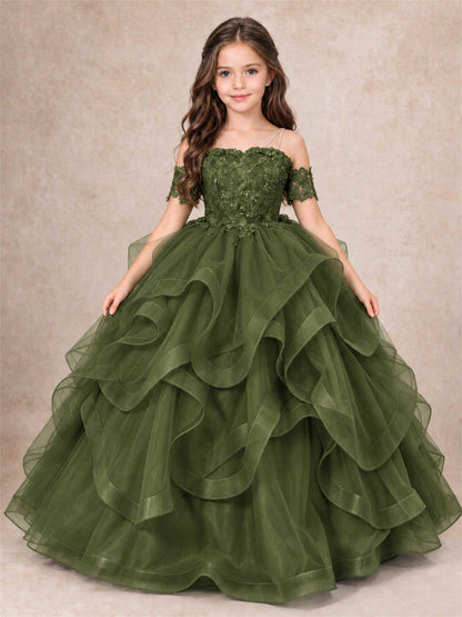 3D Floral Girls Pageant Dresses Off Shoulder Ruffled Tulle Princess Gown for Wedding Birthday Party