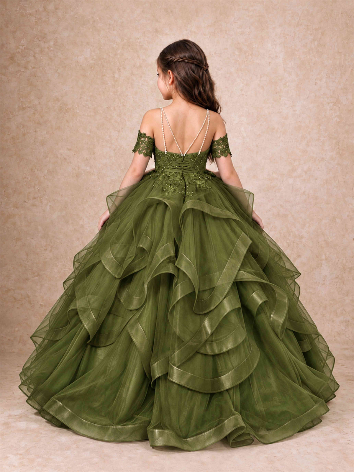 3D Floral Girls Pageant Dresses Off Shoulder Ruffled Tulle Princess Gown for Wedding Birthday Party