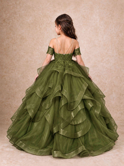 3D Floral Girls Pageant Dresses Off Shoulder Ruffled Tulle Princess Gown for Wedding Birthday Party