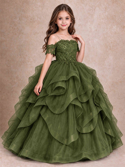 3D Floral Girls Pageant Dresses Off Shoulder Ruffled Tulle Princess Gown for Wedding Birthday Party