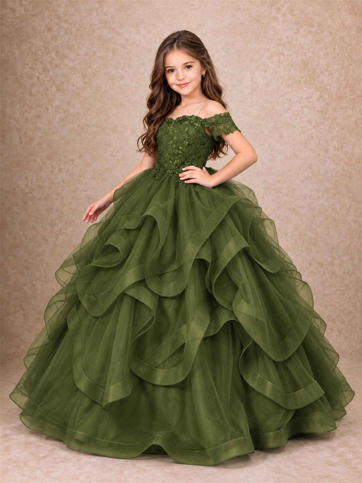 3D Floral Girls Pageant Dresses Off Shoulder Ruffled Tulle Princess Gown for Wedding Birthday Party