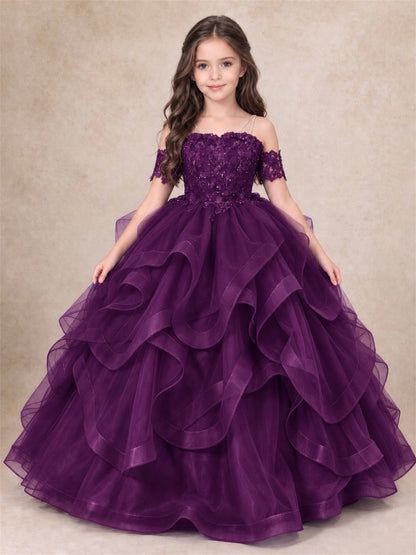 3D Floral Girls Pageant Dresses Off Shoulder Ruffled Tulle Princess Gown for Wedding Birthday Party