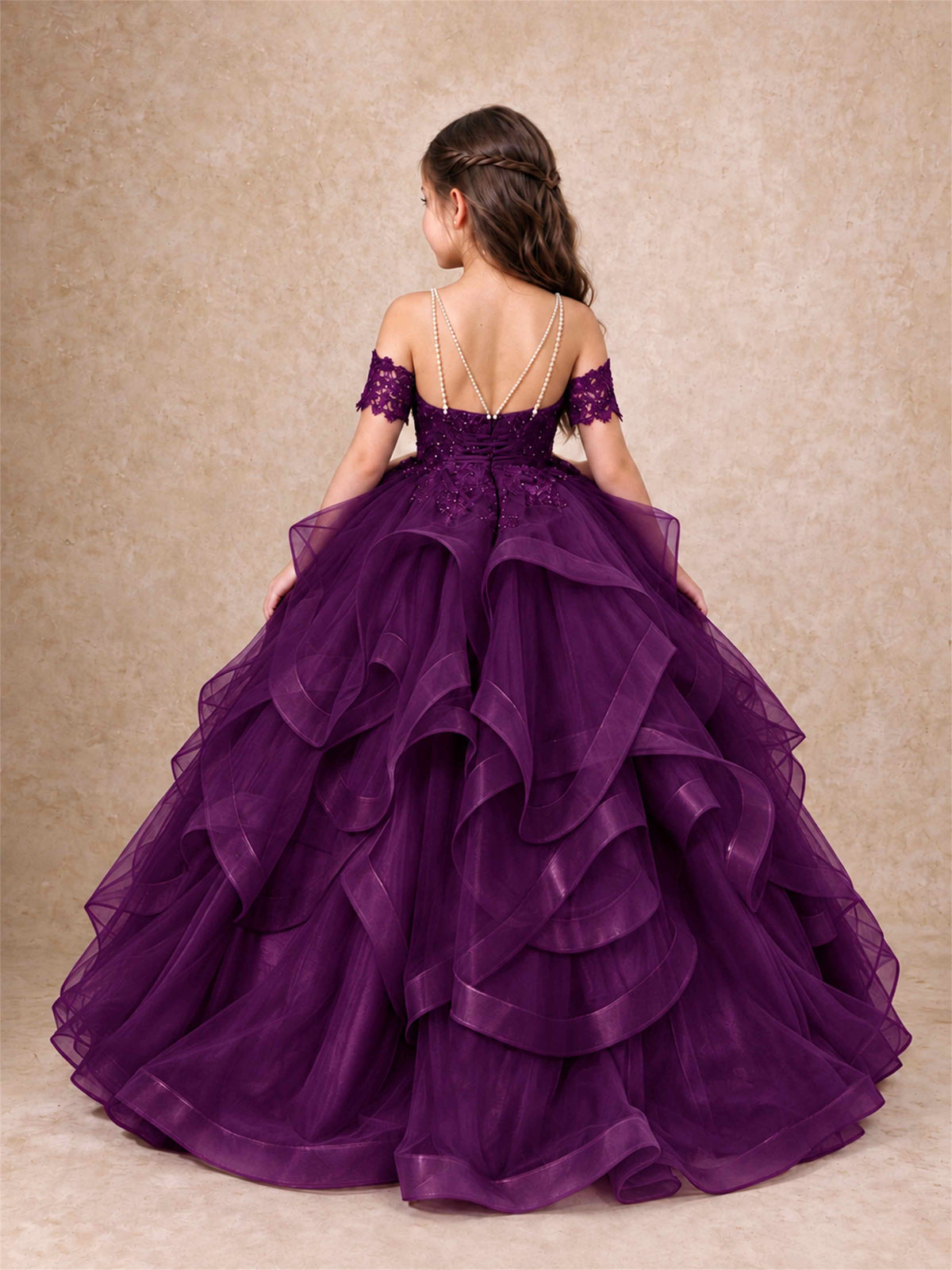 3D Floral Girls Pageant Dresses Off Shoulder Ruffled Tulle Princess Gown for Wedding Birthday Party