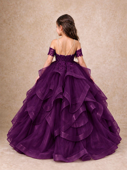 3D Floral Girls Pageant Dresses Off Shoulder Ruffled Tulle Princess Gown for Wedding Birthday Party