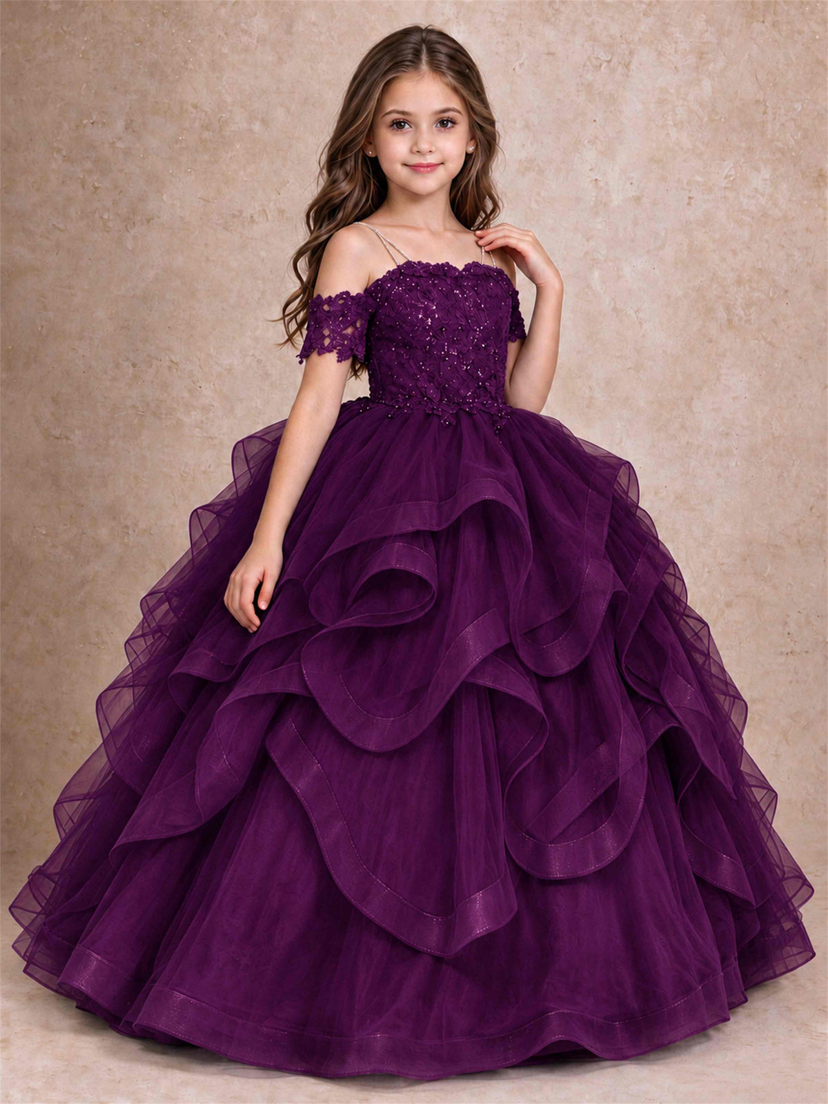 3D Floral Girls Pageant Dresses Off Shoulder Ruffled Tulle Princess Gown for Wedding Birthday Party