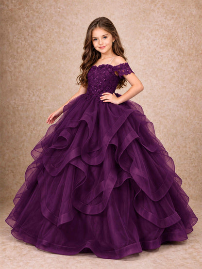 3D Floral Girls Pageant Dresses Off Shoulder Ruffled Tulle Princess Gown for Wedding Birthday Party