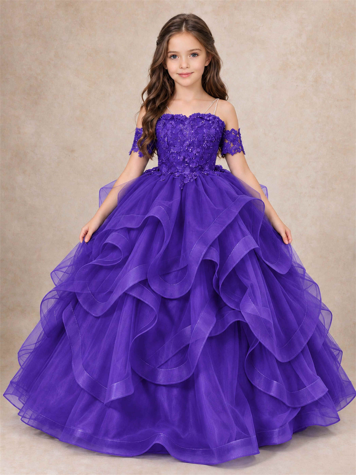 3D Floral Girls Pageant Dresses Off Shoulder Ruffled Tulle Princess Gown for Wedding Birthday Party