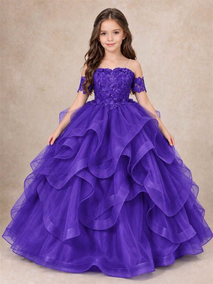 3D Floral Girls Pageant Dresses Off Shoulder Ruffled Tulle Princess Gown for Wedding Birthday Party