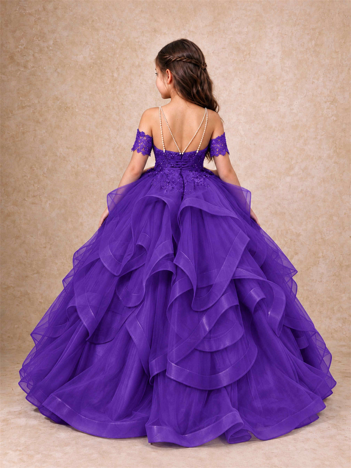 3D Floral Girls Pageant Dresses Off Shoulder Ruffled Tulle Princess Gown for Wedding Birthday Party