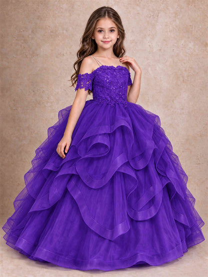 3D Floral Girls Pageant Dresses Off Shoulder Ruffled Tulle Princess Gown for Wedding Birthday Party