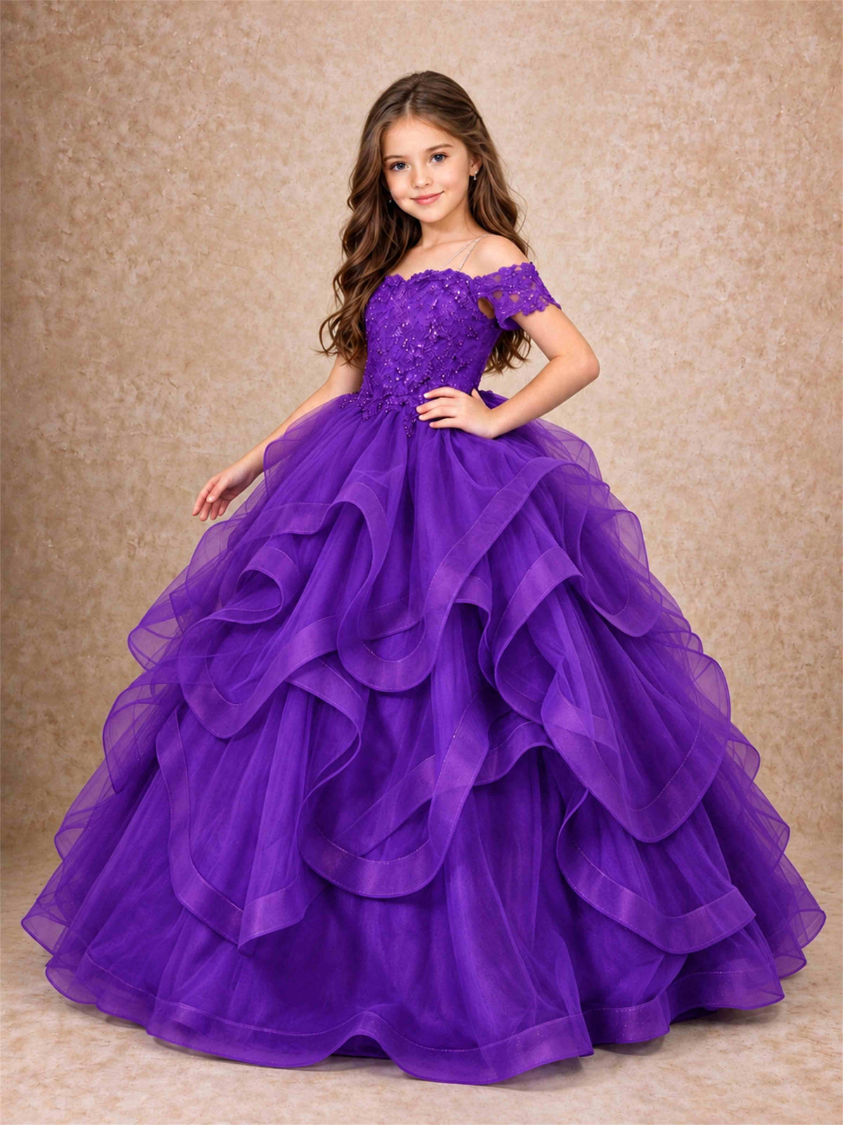 3D Floral Girls Pageant Dresses Off Shoulder Ruffled Tulle Princess Gown for Wedding Birthday Party