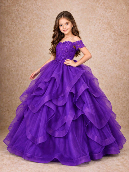 3D Floral Girls Pageant Dresses Off Shoulder Ruffled Tulle Princess Gown for Wedding Birthday Party