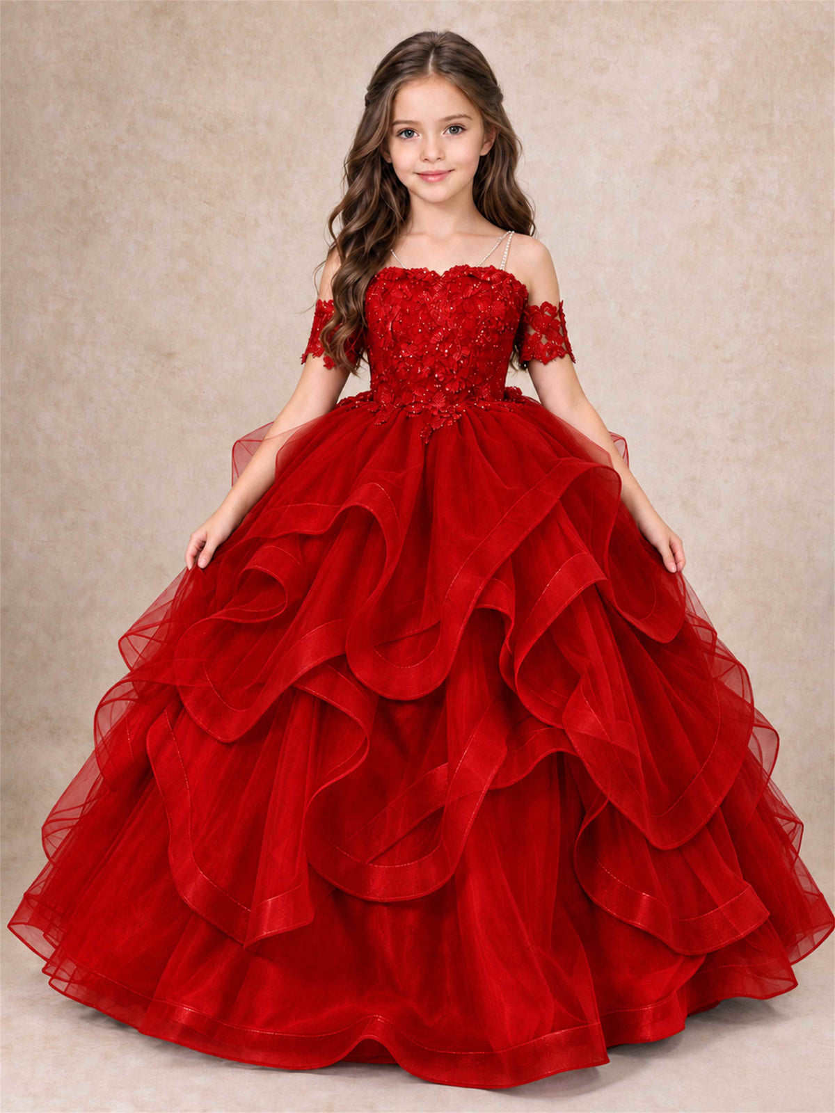 3D Floral Girls Pageant Dresses Off Shoulder Ruffled Tulle Princess Gown for Wedding Birthday Party