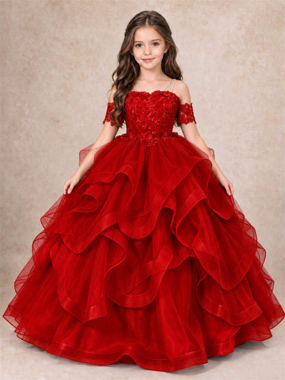 3D Floral Girls Pageant Dresses Off Shoulder Ruffled Tulle Princess Gown for Wedding Birthday Party