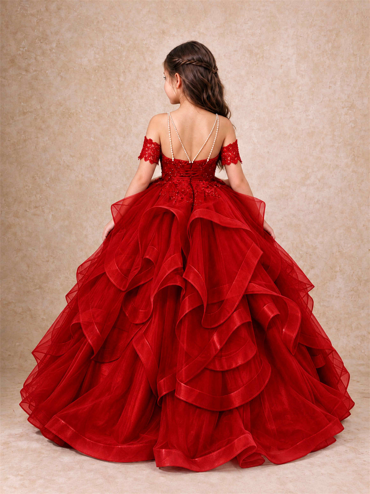 3D Floral Girls Pageant Dresses Off Shoulder Ruffled Tulle Princess Gown for Wedding Birthday Party
