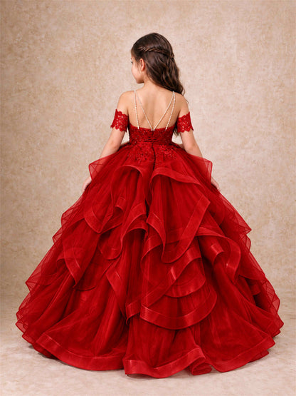 3D Floral Girls Pageant Dresses Off Shoulder Ruffled Tulle Princess Gown for Wedding Birthday Party