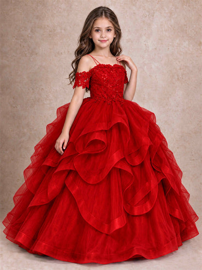 3D Floral Girls Pageant Dresses Off Shoulder Ruffled Tulle Princess Gown for Wedding Birthday Party
