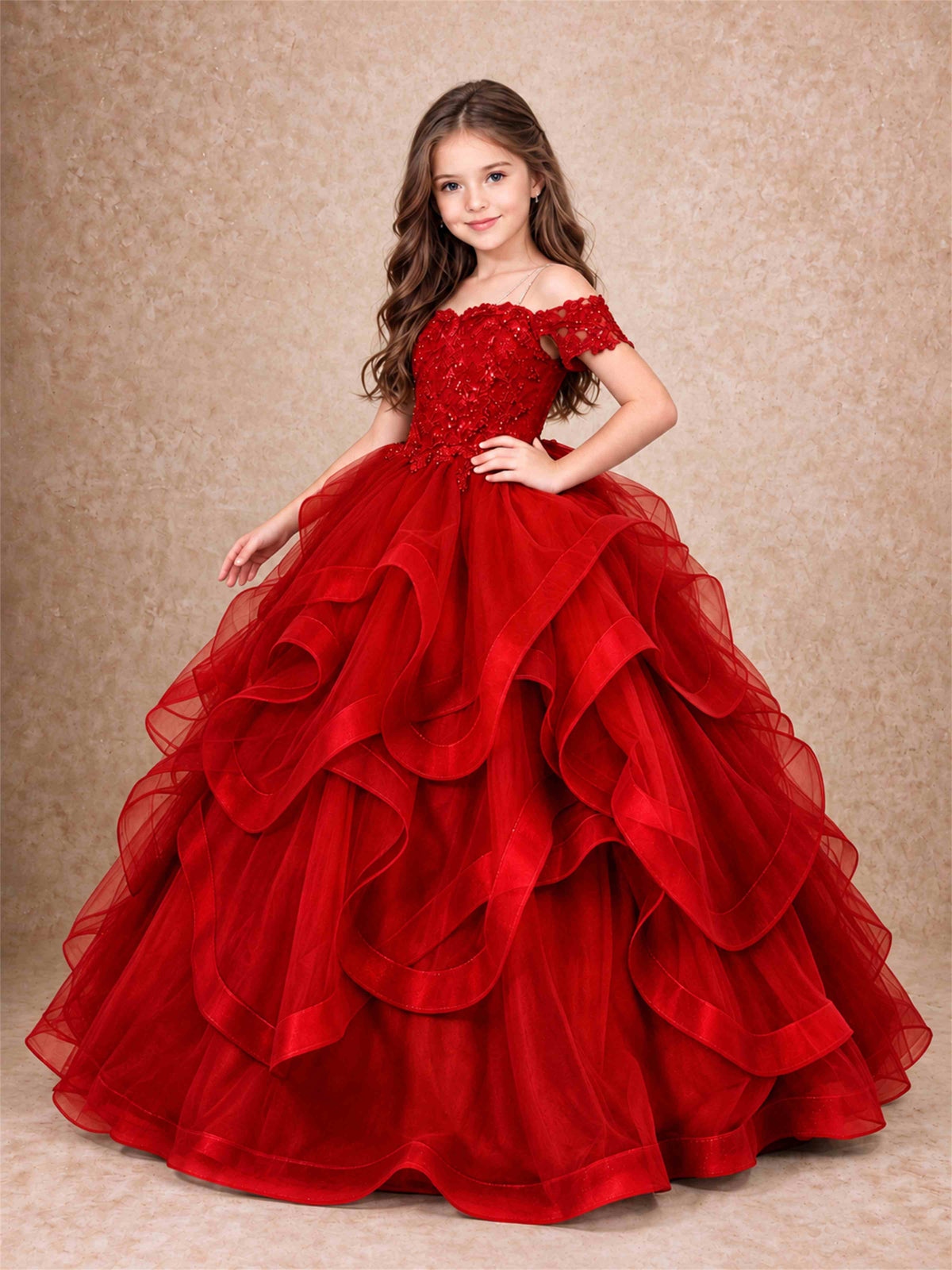 3D Floral Girls Pageant Dresses Off Shoulder Ruffled Tulle Princess Gown for Wedding Birthday Party