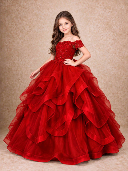 3D Floral Girls Pageant Dresses Off Shoulder Ruffled Tulle Princess Gown for Wedding Birthday Party
