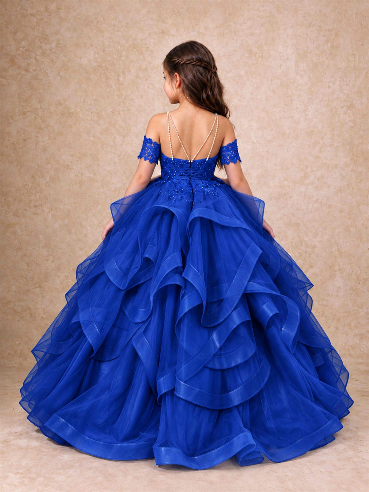 3D Floral Girls Pageant Dresses Off Shoulder Ruffled Tulle Princess Gown for Wedding Birthday Party