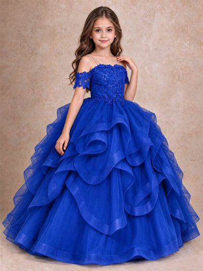 3D Floral Girls Pageant Dresses Off Shoulder Ruffled Tulle Princess Gown for Wedding Birthday Party