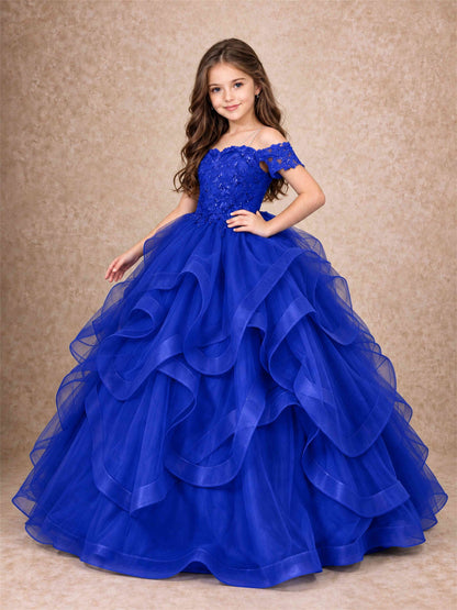 3D Floral Girls Pageant Dresses Off Shoulder Ruffled Tulle Princess Gown for Wedding Birthday Party
