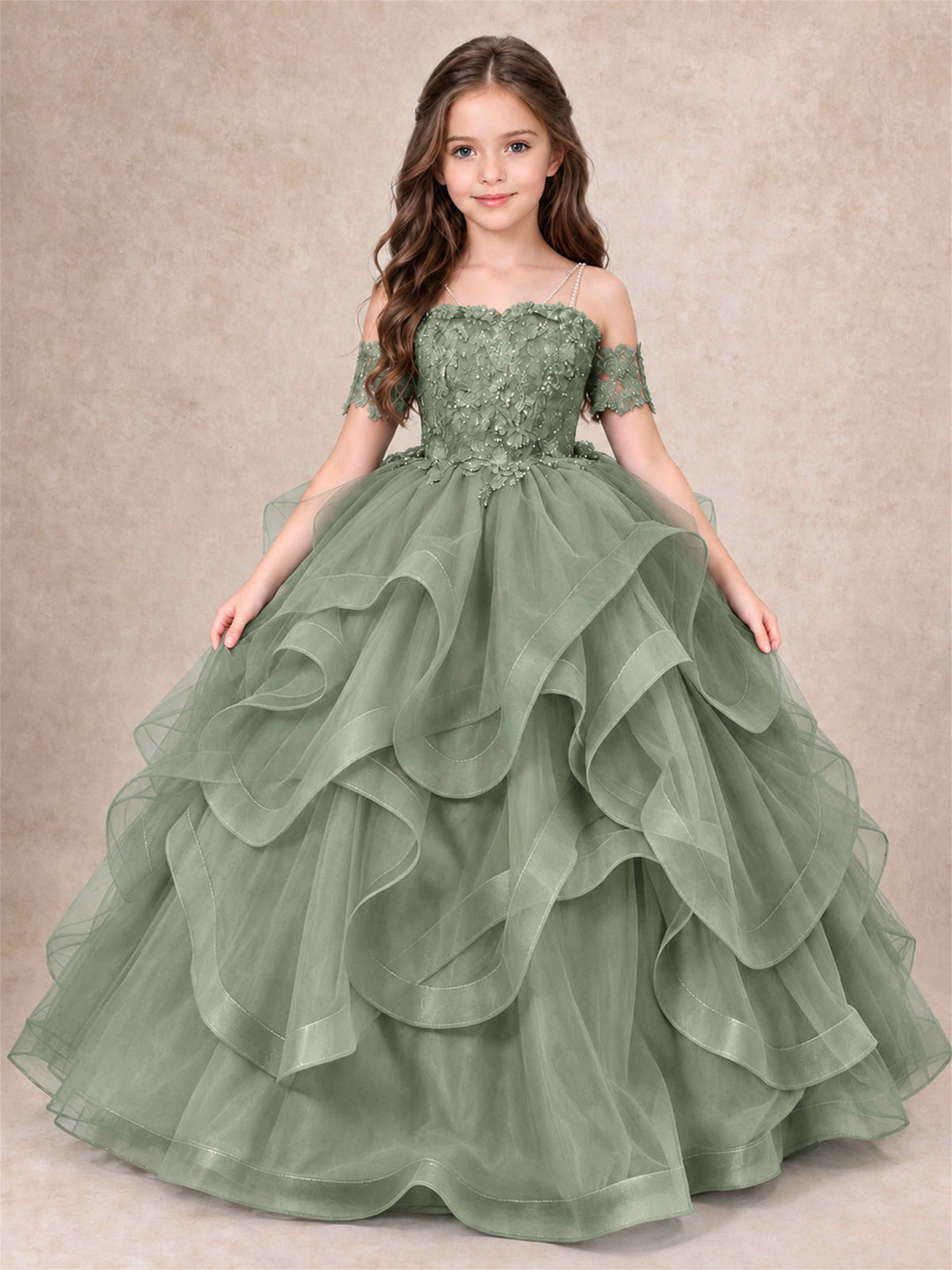 3D Floral Girls Pageant Dresses Off Shoulder Ruffled Tulle Princess Gown for Wedding Birthday Party