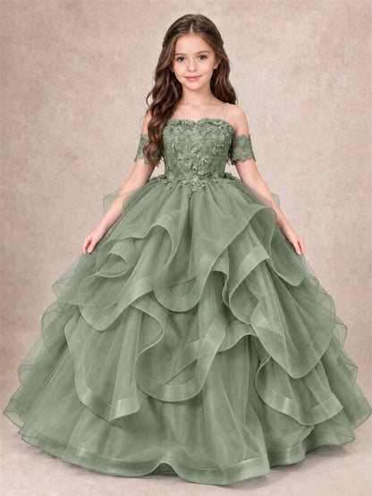 3D Floral Girls Pageant Dresses Off Shoulder Ruffled Tulle Princess Gown for Wedding Birthday Party