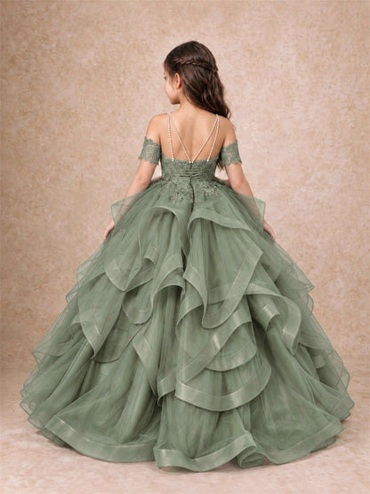 3D Floral Girls Pageant Dresses Off Shoulder Ruffled Tulle Princess Gown for Wedding Birthday Party