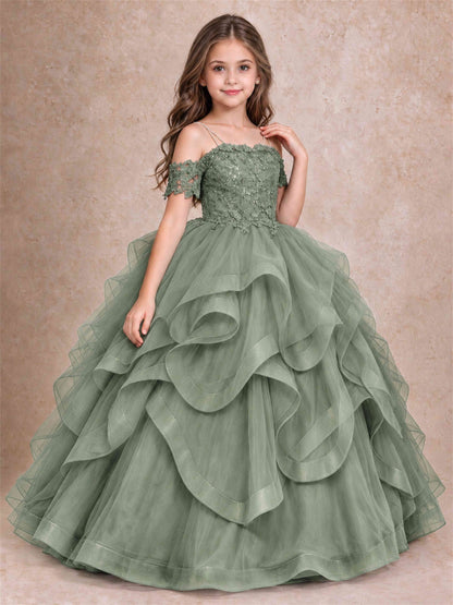 3D Floral Girls Pageant Dresses Off Shoulder Ruffled Tulle Princess Gown for Wedding Birthday Party