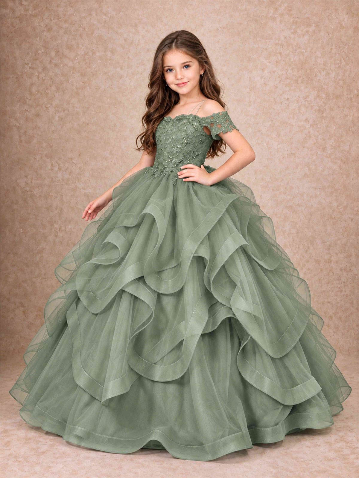 3D Floral Girls Pageant Dresses Off Shoulder Ruffled Tulle Princess Gown for Wedding Birthday Party