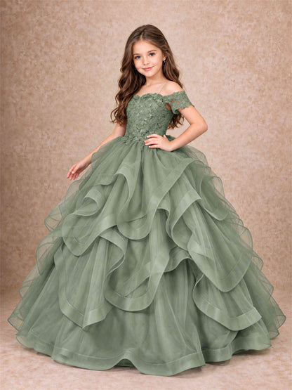3D Floral Girls Pageant Dresses Off Shoulder Ruffled Tulle Princess Gown for Wedding Birthday Party