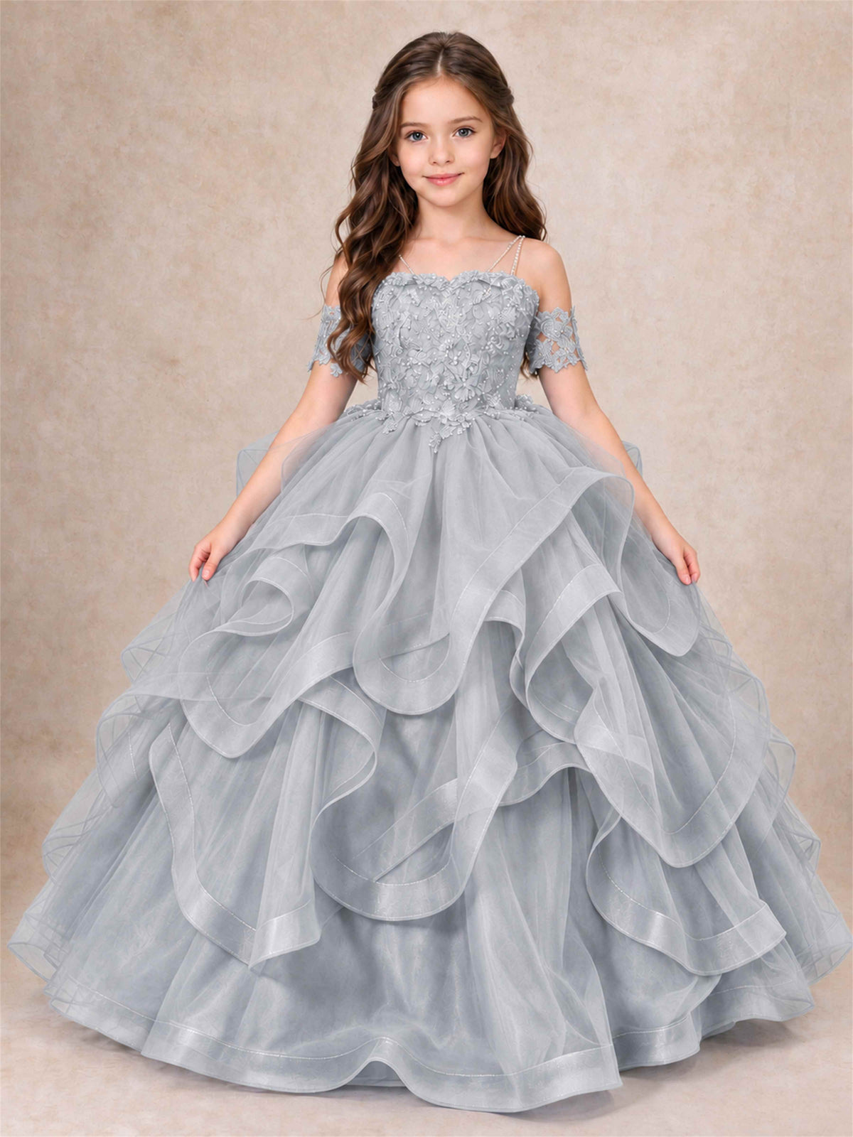 3D Floral Girls Pageant Dresses Off Shoulder Ruffled Tulle Princess Gown for Wedding Birthday Party