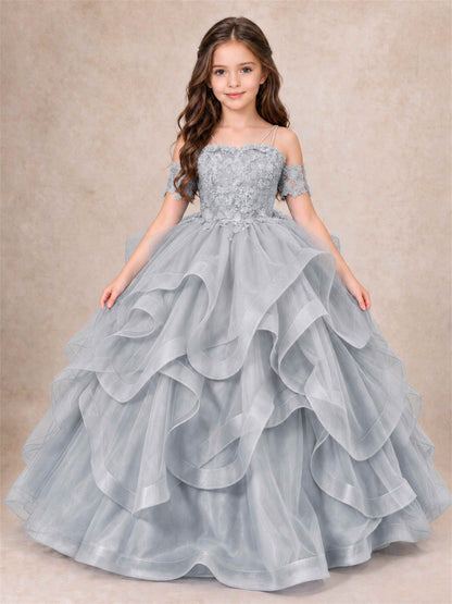 3D Floral Girls Pageant Dresses Off Shoulder Ruffled Tulle Princess Gown for Wedding Birthday Party