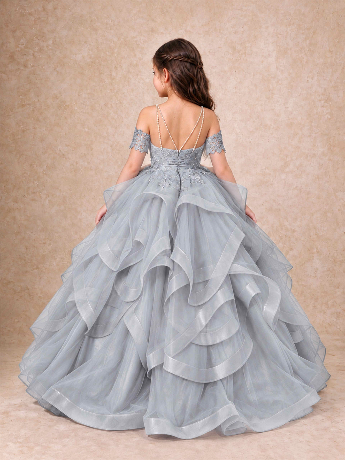 3D Floral Girls Pageant Dresses Off Shoulder Ruffled Tulle Princess Gown for Wedding Birthday Party