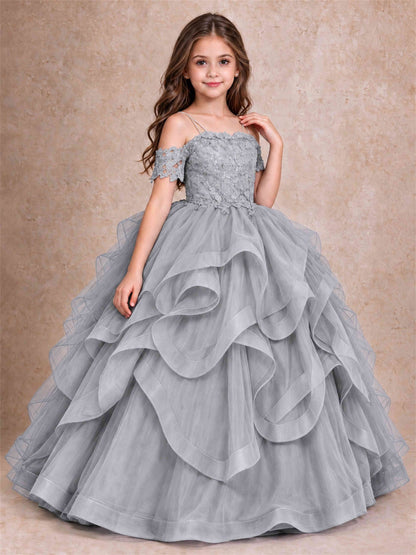 3D Floral Girls Pageant Dresses Off Shoulder Ruffled Tulle Princess Gown for Wedding Birthday Party