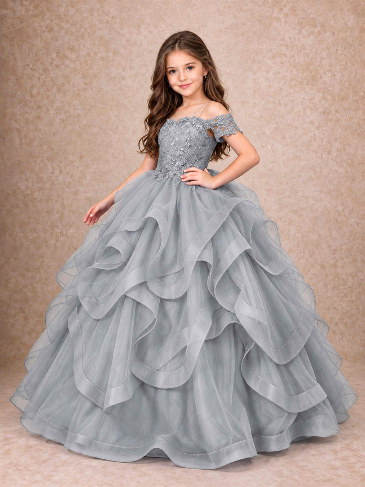 3D Floral Girls Pageant Dresses Off Shoulder Ruffled Tulle Princess Gown for Wedding Birthday Party