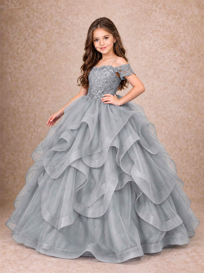 3D Floral Girls Pageant Dresses Off Shoulder Ruffled Tulle Princess Gown for Wedding Birthday Party