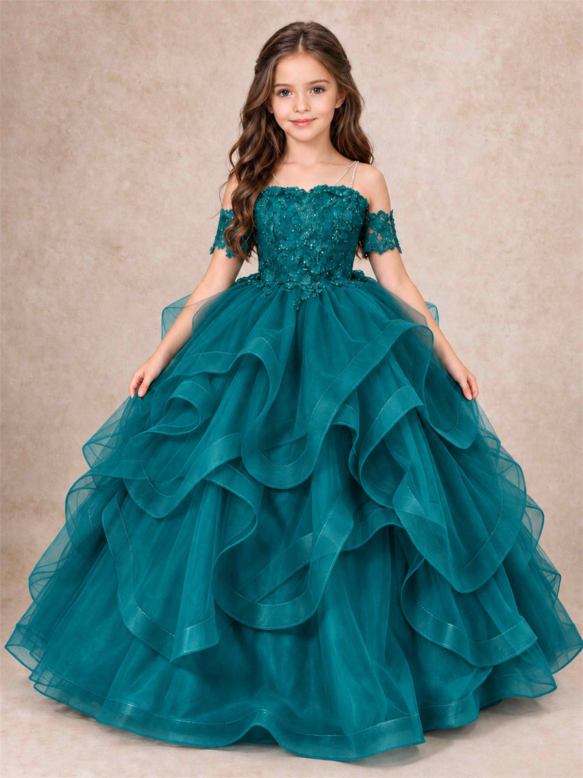 3D Floral Girls Pageant Dresses Off Shoulder Ruffled Tulle Princess Gown for Wedding Birthday Party