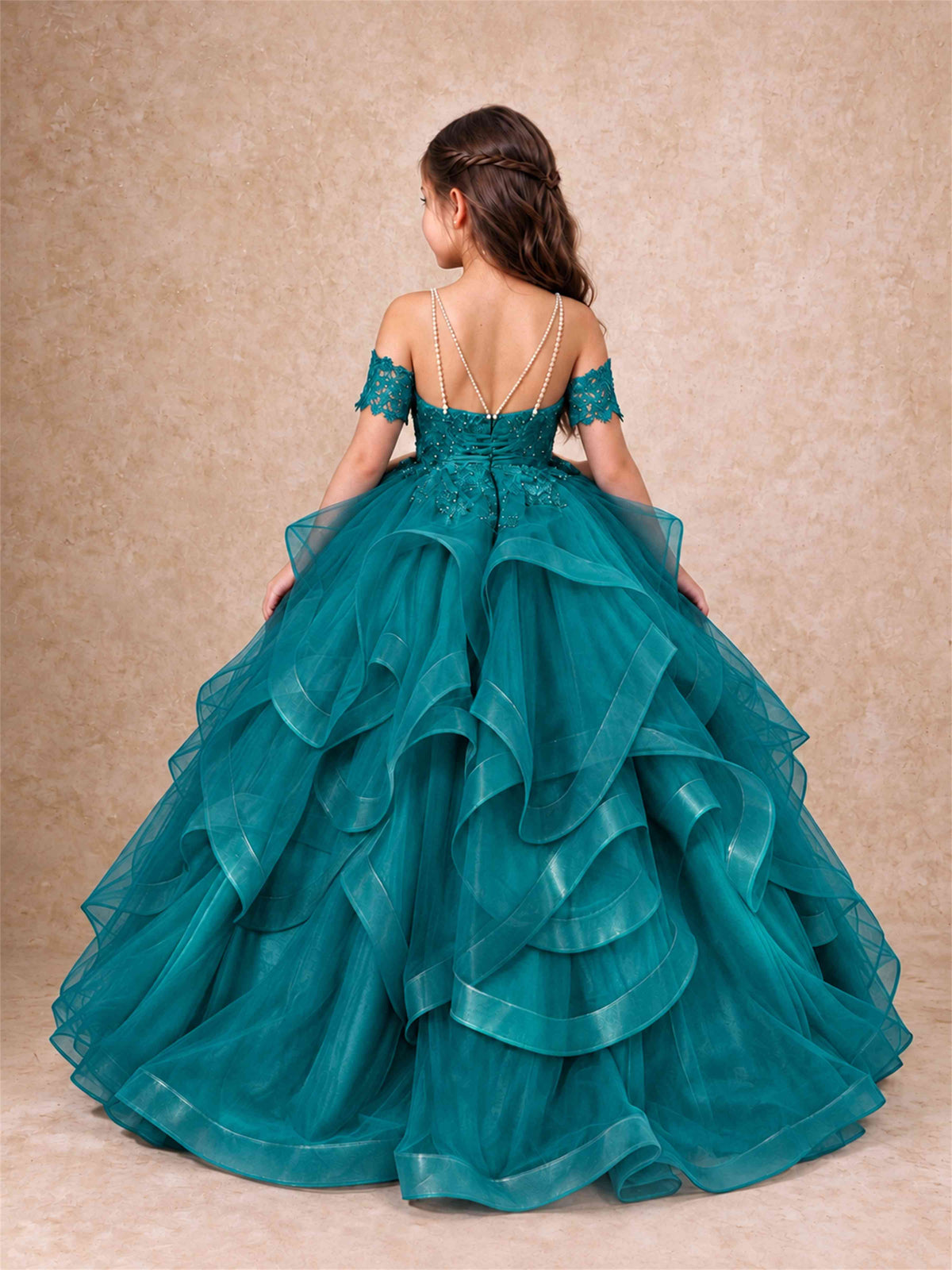 3D Floral Girls Pageant Dresses Off Shoulder Ruffled Tulle Princess Gown for Wedding Birthday Party