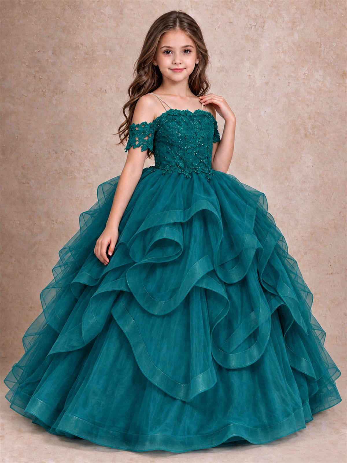 3D Floral Girls Pageant Dresses Off Shoulder Ruffled Tulle Princess Gown for Wedding Birthday Party