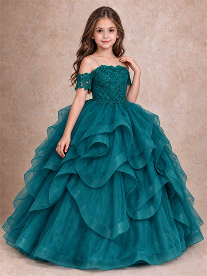 3D Floral Girls Pageant Dresses Off Shoulder Ruffled Tulle Princess Gown for Wedding Birthday Party