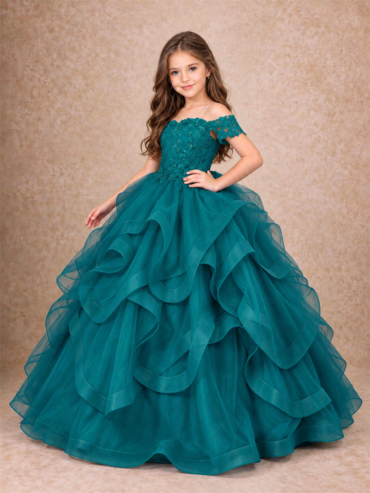 3D Floral Girls Pageant Dresses Off Shoulder Ruffled Tulle Princess Gown for Wedding Birthday Party