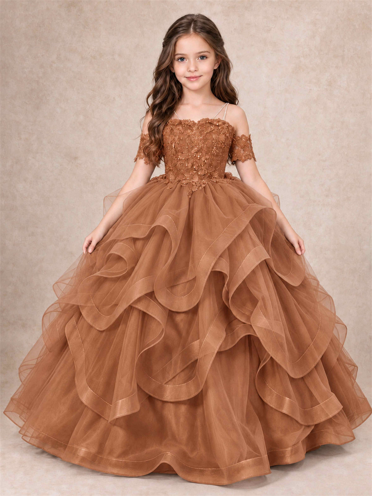 3D Floral Girls Pageant Dresses Off Shoulder Ruffled Tulle Princess Gown for Wedding Birthday Party