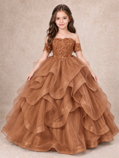 3D Floral Girls Pageant Dresses Off Shoulder Ruffled Tulle Princess Gown for Wedding Birthday Party