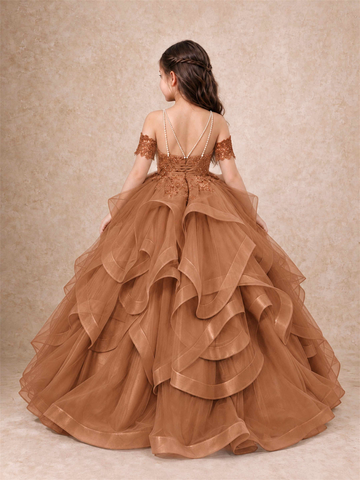 3D Floral Girls Pageant Dresses Off Shoulder Ruffled Tulle Princess Gown for Wedding Birthday Party