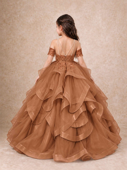 3D Floral Girls Pageant Dresses Off Shoulder Ruffled Tulle Princess Gown for Wedding Birthday Party