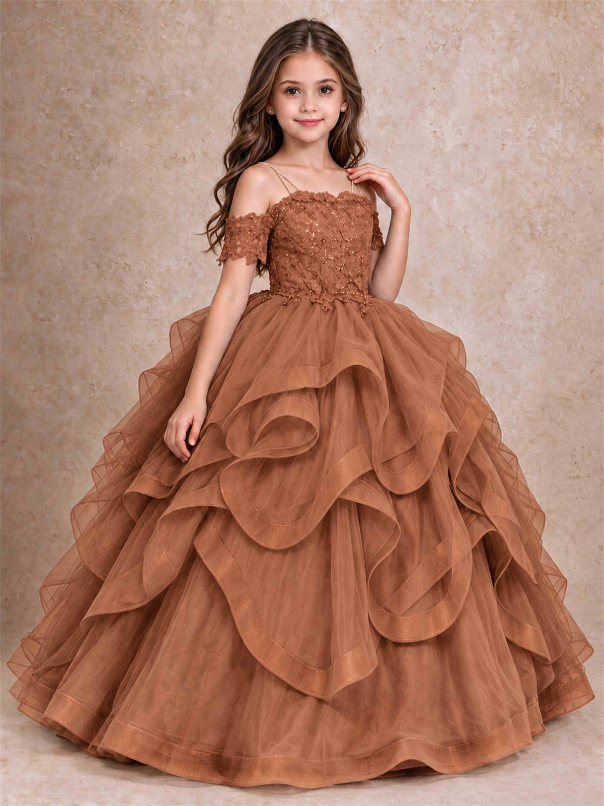3D Floral Girls Pageant Dresses Off Shoulder Ruffled Tulle Princess Gown for Wedding Birthday Party