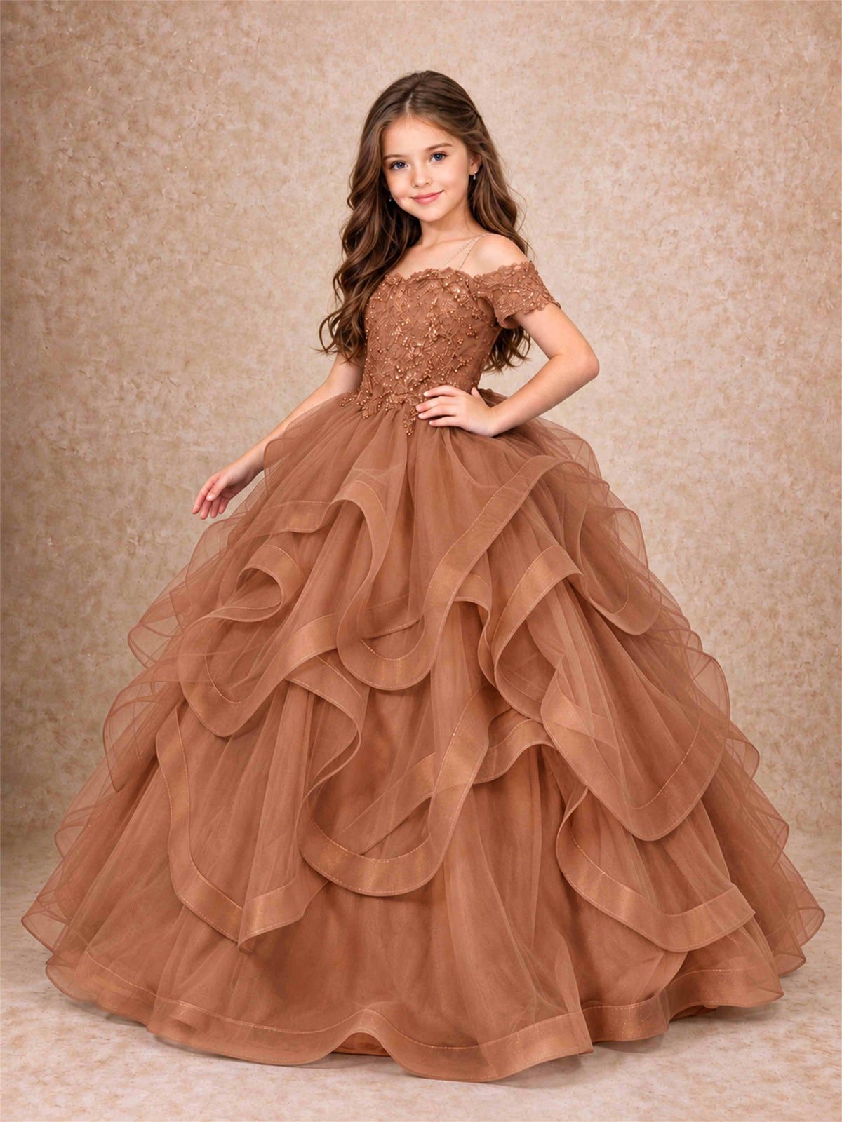 3D Floral Girls Pageant Dresses Off Shoulder Ruffled Tulle Princess Gown for Wedding Birthday Party